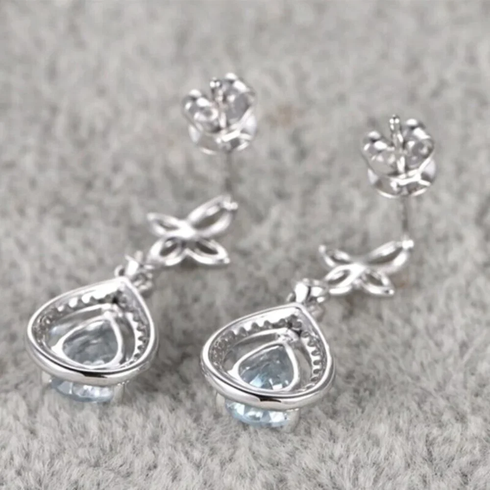 Gorgeous 925 Silver Sim. Diamond Aquamarine Drop Earrings